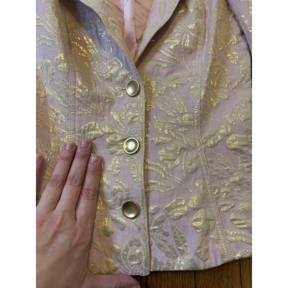 Vintage Y2K Betsey Johnson Blazer Jacket Pink Gold Jacquard Floral Size 4 - Picture 2 of 11